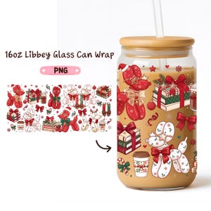 May include: A 16oz Libbey glass can with a bamboo lid and straw, featuring a festive wrap design of red and white balloon dogs, stacked gift boxes, candy canes, and coffee cups decorated with snowflakes and holiday bows.