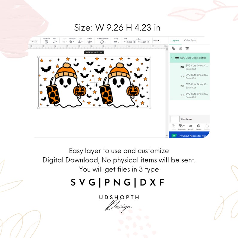 May include: A digital download of a Halloween-themed SVG design featuring two cute ghosts wearing hats and holding pumpkin-shaped cups. The design is perfect for creating crafts, decorations, and more.