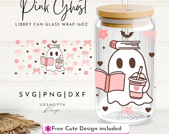 Pink Ghost Glass Can Svg, 16oz Libbey Wrap Svg, Ghost Reading Book, Bookish Ghost Coquette Halloween Svg, Girly Coquette Bow, Cute Ghost Svg