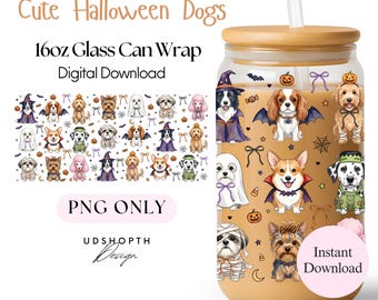 Halloween Dog 16oz Glass Can Wrap PNG, Spooky Puppies Sublimation Design (Digital Download)