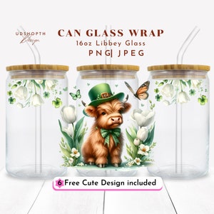 St Patrick&#39;s Day Highland Cow, 16oz Libbey Wrap Sublimation Design, Retro St Patricks Png, Clover, Shamrock Png, Sublimation St Patricks Day