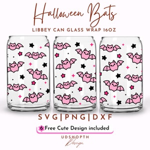 May include: Three 16oz glass can wraps with a pink and black pattern of bats and stars. The text "Halloween Bats" and "LIBBEY CAN GLASS WRAP 16OZ" is at the top of the image. The text "SVG|PNG|DXF" and "6 Free Cute Design included" is at the bottom of the image.