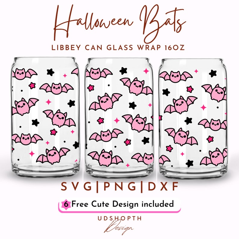 May include: Three 16oz glass can wraps with a pink and black pattern of bats and stars. The text "Halloween Bats" and "LIBBEY CAN GLASS WRAP 16OZ" is at the top of the image. The text "SVG|PNG|DXF" and "6 Free Cute Design included" is at the bottom of the image.