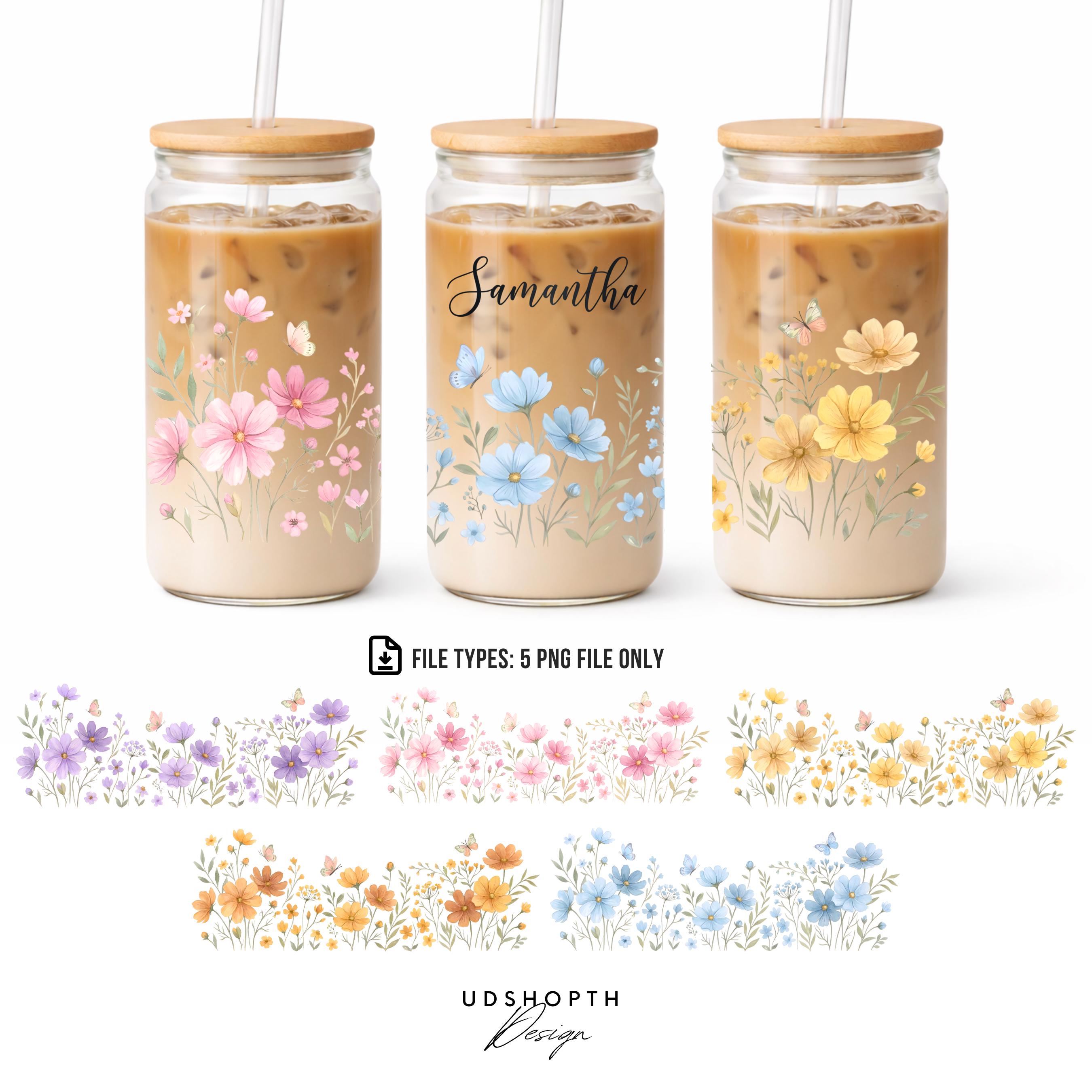 Wildflower 16oz Libbey Glass Can Wrap PNG Bundle, Floral Glass Can Wrap ...