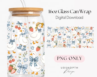 Coquette Goose Glass Can Wrap PNG, 16oz Libbey Glass Can Design, Blue Bow Goose Libbey Wrap, Strawberry Goose Cup Wrap, Farmhouse Goose PNG