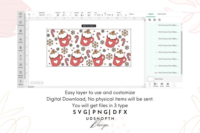 May include: Digital design featuring a repeating pattern of red mugs with white whipped cream, gingerbread men, candy canes, and snowflakes. The design is 8.63 in x 4.39 in. Text includes "Easy layer to use and customize" and file types SVG, PNG, DFX.