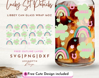 Lucky Saint Patricks Day 16oz Libbey Wrap Svg, St Patricks Day Glass Can Svg, St Patricks Day Wrap Svg, Lucky Shamrock Svg, Clover Leaf Svg