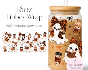 Bookish Ghost 16oz Glass Can Wrap PNG, Halloween Reader Libbey Wrap, Cute Spooky Coffee & Book Lover Sublimation Design