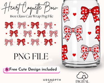 Laço de coquete de coração de dia dos namorados 16oz Libbey Glass Can Wrap Png, Laço de coquete de coração Png, Design de envoltório de copo de laço de dia dos namorados Download digital