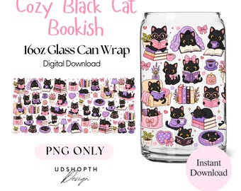 Black Cat Bookish Glass Can Wrap PNG, 16oz Libbey Wrap, Coquette Book Lover Sublimation, Cute Reader Cup Wrap, Digital Download