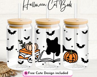 Halloween Cat Book Svg, 16oz Libbey Can Glass Svg, Cute Halloween Glass Can, Black Cat Svg, Cat and Pumpkin Halloween Book, Cat Lover Svg