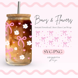 Bows with Flowers 16oz Libbey Glass Can Wrap PNG, Bows Can Cup Wrap, Pink Coquette, Girly Bow Png Designs, Cute Cup Wrap, Instant Download