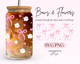 Bows with Flowers 16oz Libbey Glass Can Wrap PNG, Bows Can Cup Wrap, Pink Coquette, Girly Bow Png Designs, Cute Cup Wrap, Instant Download