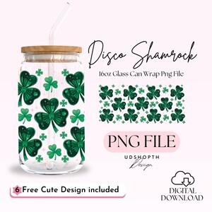 St Patricks Day Disco Shamrock 16oz Libbey Glass Can Wrap Png, St Patrick&#39;s Day Png, Trendy Shamrock Glass Cup Wrap Design Digital Download
