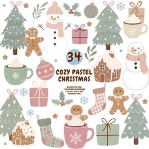 May include: A digital collection of 34 Christmas-themed illustrations in pastel colors, featuring snowmen, gingerbread people, decorated pine trees, gift boxes, mugs with whipped cream, stockings, and gingerbread houses with text reading COZY PASTEL CHRISTMAS.