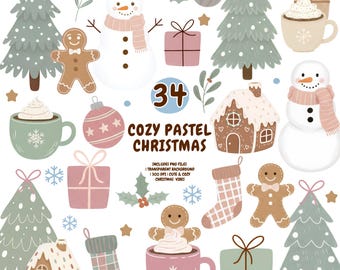 Cozy Pastel Christmas Clipart Bundle, 34 Hand-Drawn Holiday Elements (Digital Download)