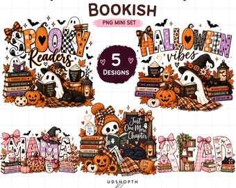 Halloween Bookish PNG Mini Set, Spooky Readers Ghost Clipart, Cozy Fall Book Lover Designs, Pumpkin Spice Reading Sublimation