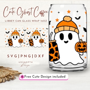 May include: A digital design for a 16oz can glass wrap featuring a cute ghost wearing a beanie and holding a pumpkin and a coffee cup with a leopard print design. The design includes the text "Cute Ghost Coffee" and "Libbey Can Glass Wrap 16oz".