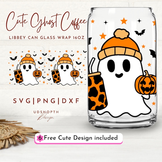 Сute Ghost Coffee Svg, 16oz Libbey Glass Can Svg, Halloween Spooky Svg, Halloween Ghost Girly Svg, Ghost Coffee Png, Halloween Coffee Lovers