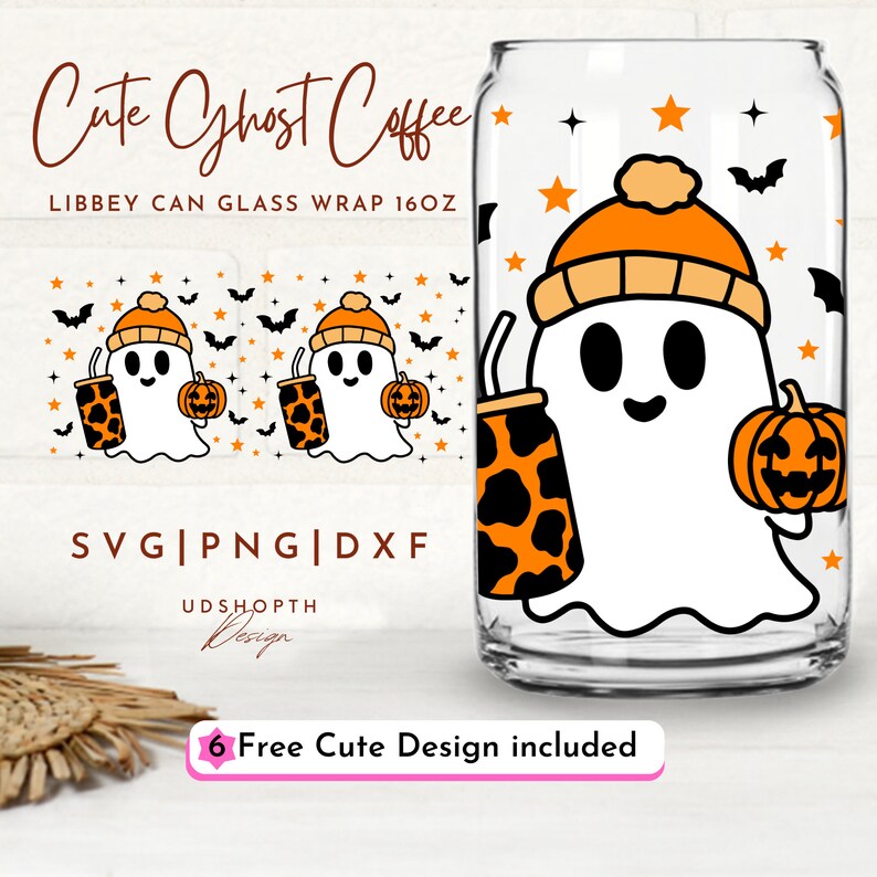 May include: A digital design for a 16oz can glass wrap featuring a cute ghost wearing a beanie and holding a pumpkin and a coffee cup with a leopard print design. The design includes the text "Cute Ghost Coffee" and "Libbey Can Glass Wrap 16oz".
