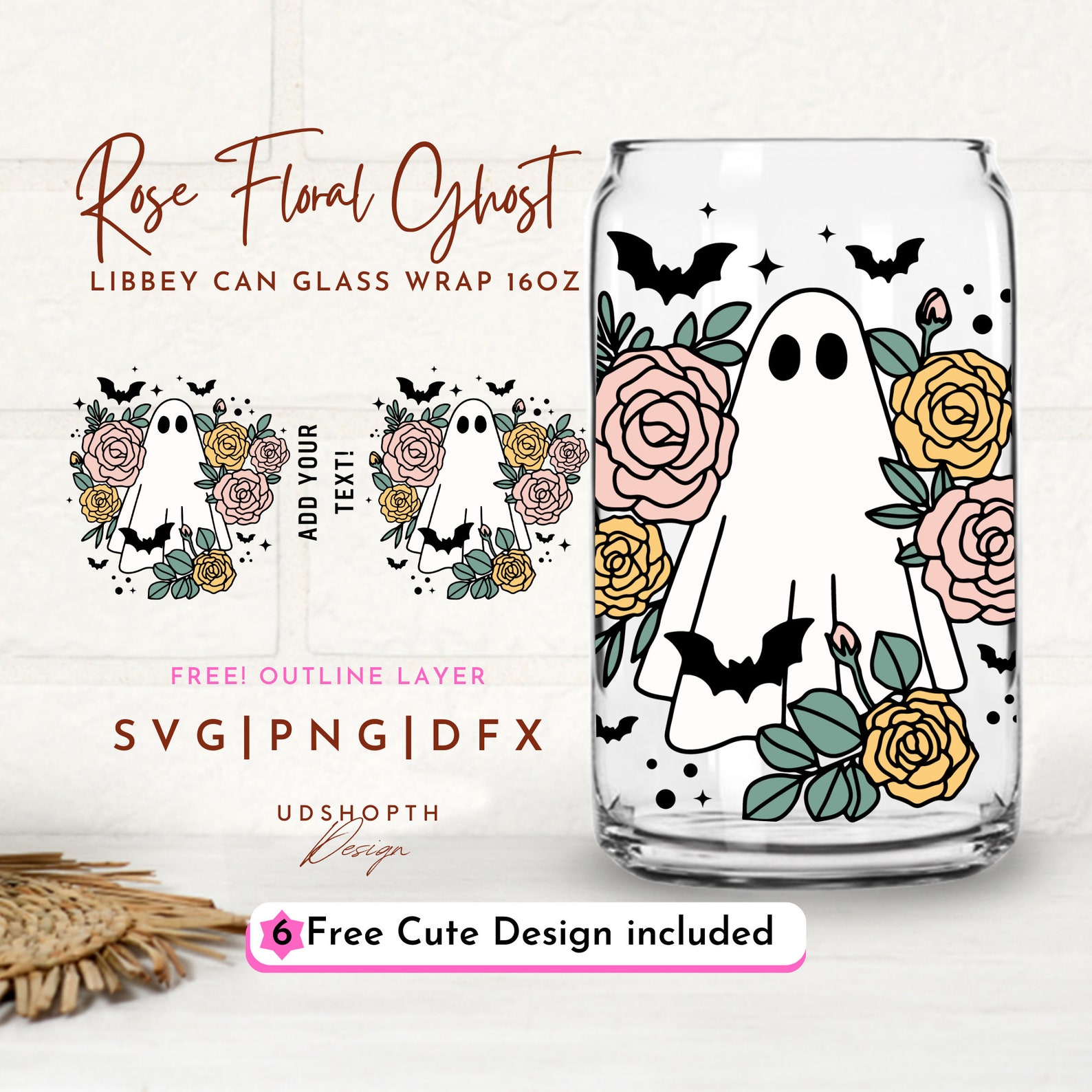 Retro Halloween Svg, Rose Floral Ghost Svg, 16oz Libbey Can Glass Svg ...