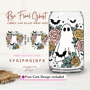 Retro Halloween Svg, Rose Floral Ghost Svg, 16oz Libbey Can Glass Svg Halloween Glass Can Svg, Spooky Season Svg, Floral Ghost Outline Svg