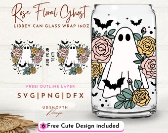 Retro Halloween Svg, Rose Floral Ghost Svg, 16oz Libbey Can Glass Svg Halloween Glass Can Svg, Spooky Season Svg, Floral Ghost Outline Svg