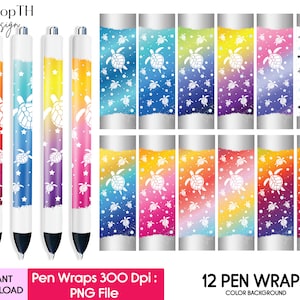 May include: Twelve printable pen wraps featuring a repeating pattern of white sea turtles and stars on a variety of colored backgrounds. The pen wraps are 300 dpi and in PNG format.