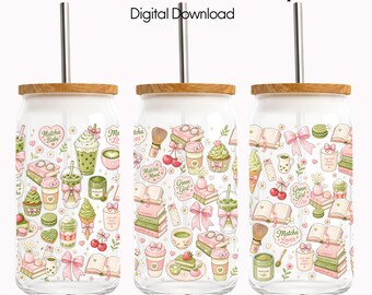 Bookish Matcha 16oz Glass Can Wrap PNG, Coquette Book Lover Libbey Wrap, Coquette Matcha PNG, Reading Aesthetic Cup Wrap, Green Girl Era