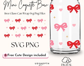 Dia dos Namorados Mini Coquette Bows 16oz Libbey Glass Can Wrap Svg, Pink Bow Heart Svg, Valentine Bow Cup Wrap SVG Design Download digital