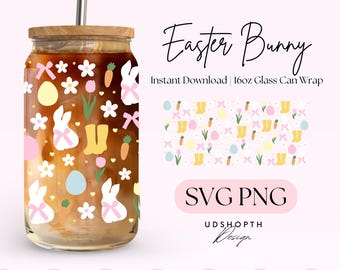 May include: A digital design for a 16 ounce glass can wrap featuring a colorful Easter bunny pattern with pastel colors, including pink, yellow, blue, and green. The pattern includes bunnies, eggs, carrots, and flowers. The text "Easter Bunny" and "Instant Download" are also included in the design.
