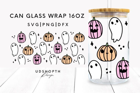 Cute Ghost Halloween Can Glass Svg, Pumpkin Svg, 16oz Libbey Full Wrap, Cute Spooky Coffee Glass Can, Coffee Glass Wrap, Libbey Template