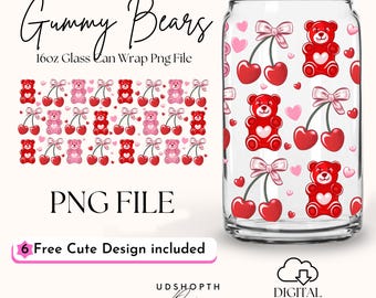 Gummy Bears Valentine 16oz Libbey Glass Can Wrap Png, Cherry Coquette Bow Heart Png, Valentine Coquette Bow Cup Wrap Design Digital Download