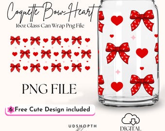 Coquette Bow Heart 16oz Libbey Glass Can Wrap Png, Coração Amor Png, Amor Png, Presente de Dia dos Namorados, Design de Envoltório de Copo de Laço de Dia dos Namorados Download Digital