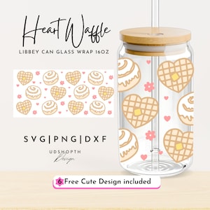 Heart Waffle Glass Can Svg, 16oz Libbey Wrap Svg, Croissant, Desserts, Kawaii Bread Svg, Dessert Kawaii Cup Svg, Kawaii Cup, Gift For Girls