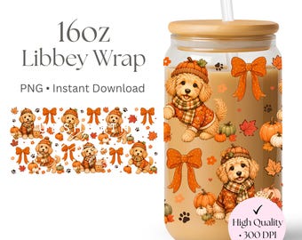 Fall Goldendoodle 16oz Glass Can Wrap PNG, Autumn Dog Mom Sublimation Design (Digital Download)