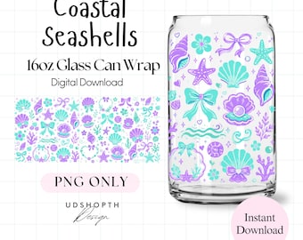 Coastal Seashells 16oz Glass Can Wrap PNG, Coquette Bow Design (Digital Download)