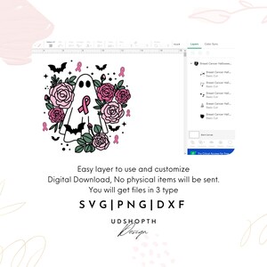 May include: A digital design featuring a white ghost with a pink ribbon, surrounded by pink roses and bats. The design is perfect for Halloween and breast cancer awareness.