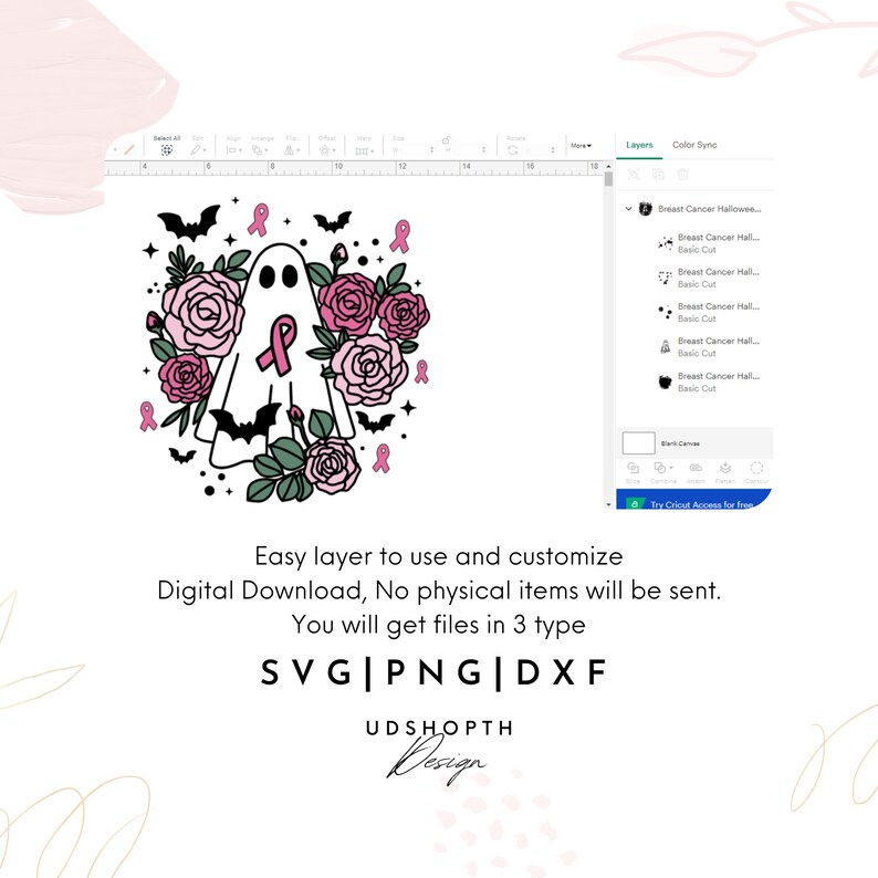 May include: A digital design featuring a white ghost with a pink ribbon, surrounded by pink roses and bats. The design is perfect for Halloween and breast cancer awareness.
