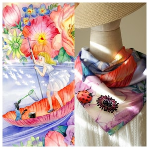 Flower painting scarf , poppy Scarf, Soft silk scarf, Botanical Pattern,Hair Scarf, Handmade Bandana,Neckerchief.bandana,gift scarf