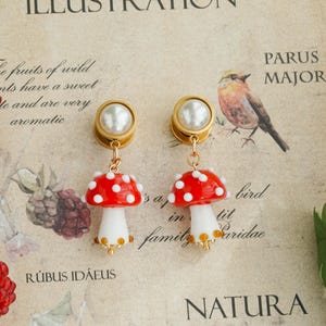 Cute mushroom Ear Plugs, 18k gold plated  Ear Plugs ,Surgical Steel Gauges,Ear Weights,ear gauges,wedding ear plug,bridal earrings