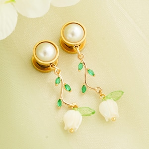 Lily of the valley Ear Plugs, 18k gold plated  Ear Plugs ,Surgical Steel Gauges,Ear Weights,ear gauges,wedding ear plug,bridal earrings