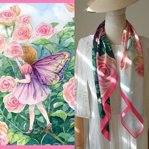 Eden rose  scarf , Floral Scarf, Soft silk scarf, Botanical Pattern,Hair Scarf, Handmade Bandana,Neckerchief.bandana，garden inspired scarf