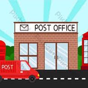 May include: Illustration of a red post office delivery van parked in front of a brick post office building. The building has a sign that reads "POST OFFICE" and a mailbox and phone box are also visible.
