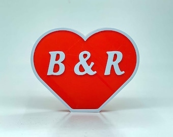 Personlig alla hjärtans dag-present - Hjärta med initialer, namn, en enda bokstav eller valfri text - Röd och vit tillverkad av plast