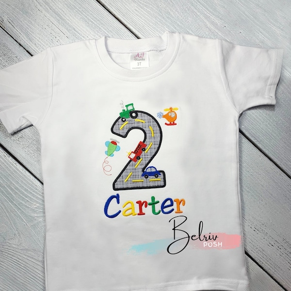 Vehicles 5th Birthday Shirt/ Boys Birthday Shirt/ Number Birthday t-shirt/ Personalized Embroidery Birthday Shirt/ Various Vehicles T-shirt