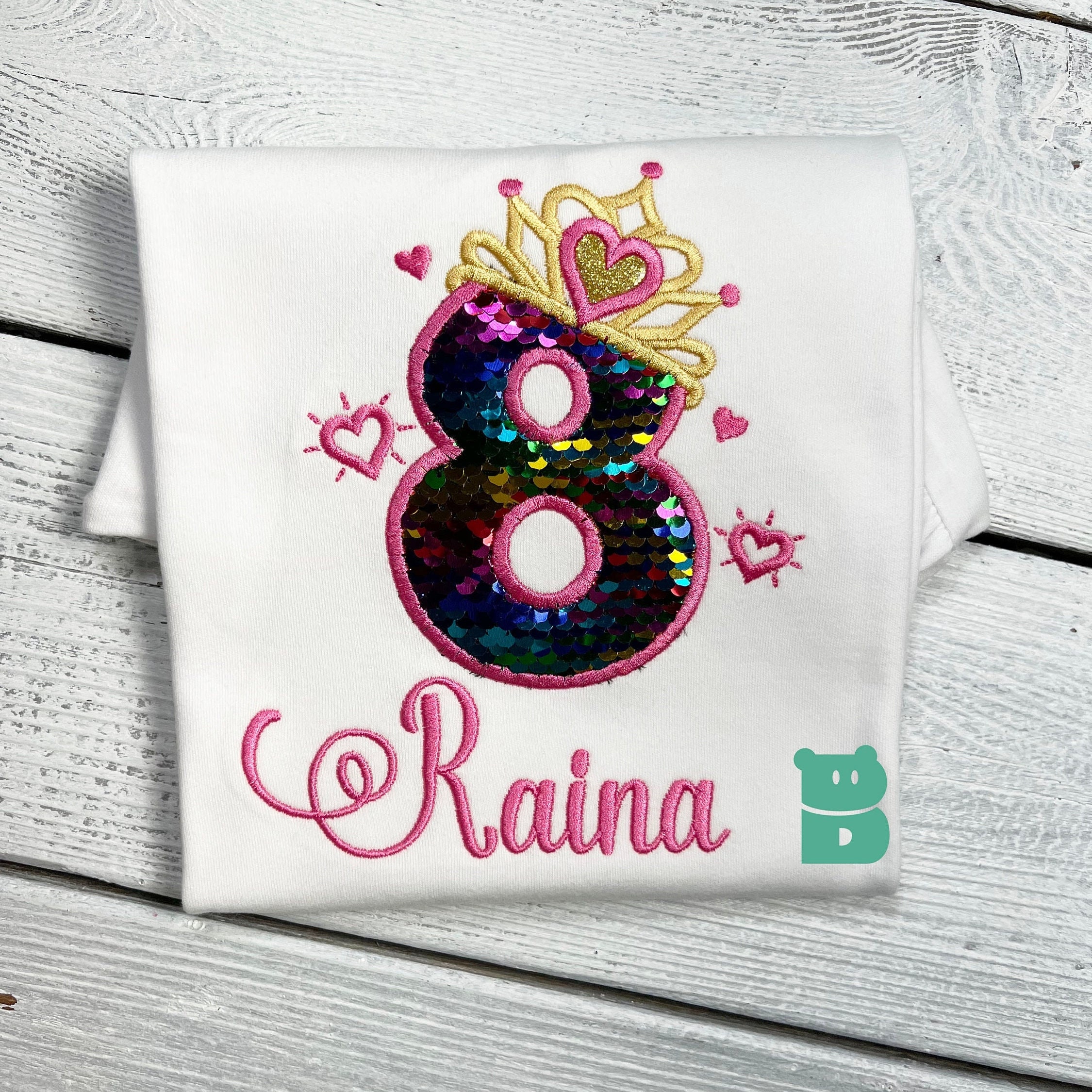 8th Birthday Princess Sequin Shirt, Embroidered Crown, Personalized