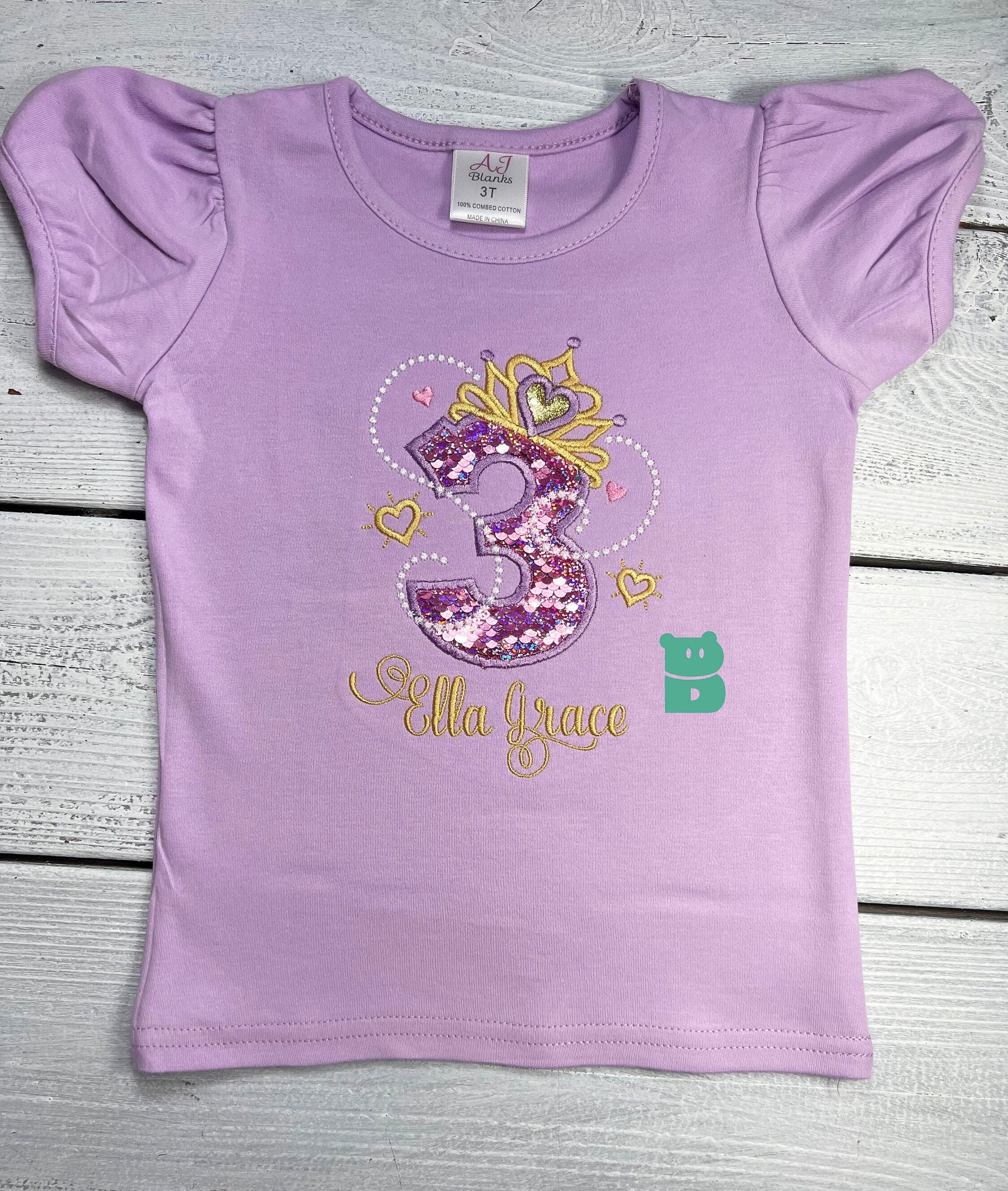 Princess Birthday Shirt, 3rd Birthday Princess Party Top, Girl Embroidery Shirt, Toddler Princess 1 to 9 Ages, Girl Custom Number CrownShirt