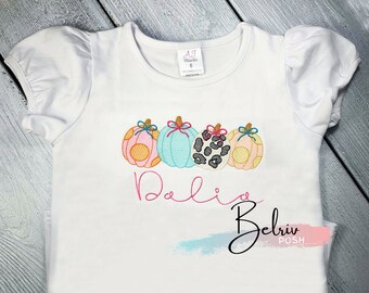 Girls Embroidered Pumpkin Shirt, Fall Thanksgiving Outfit
