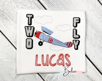 Two Fly Birthday Shirt, 2nd Birthday T-shirt for Kids, Custom Airplane Shirt, Bi Plane Embroidery Shirt, Boys Vintage Aviation Birthday Tee